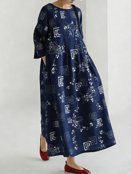 Japanese Art Retro Style Geometric Printed Women's Dress elevenforest