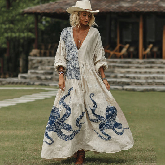 Classy Japanese Octopus Art Casual Linen Maxi Dress elevenforest