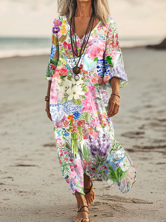 Women's Vintage Floral Art Print Pocket Cotton Dress