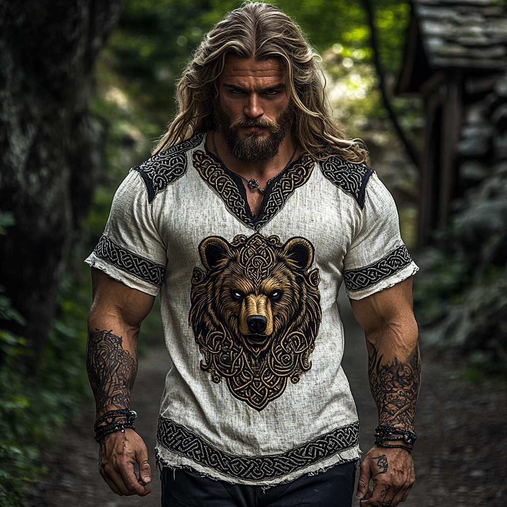 Retro Nordic Viking Mythology Bear Head Contrast Celtic Shirt elevenforest