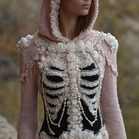 Comstylish Women's Retro Halloween Plant Flower And Skull Art Design Knitted Hooded Sweater