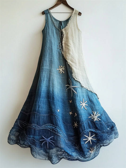 Starfish Embroidered Sea Waves Lace Patchwork Flowy Linen Dress elevenforest