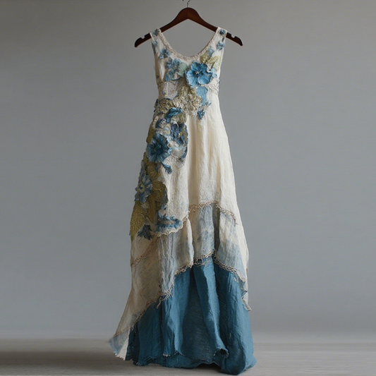 Women's Vintage Oil Painting Floral Art Gradient Linen Sleeveless Dress elevenforest