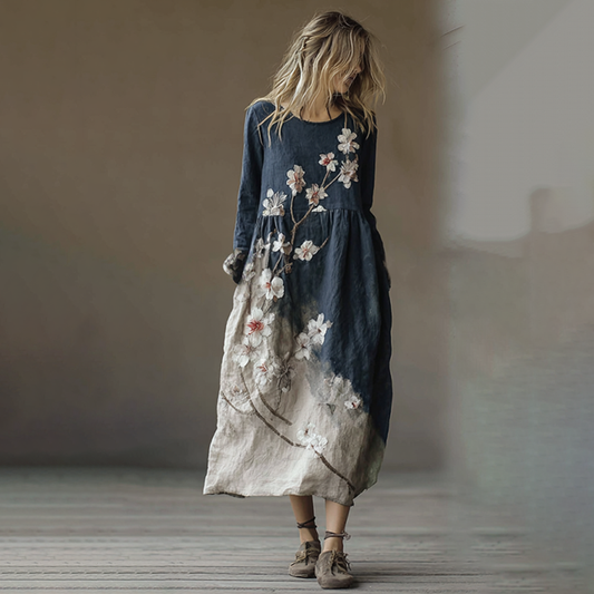 Classy Gradient Japanese Sakura Cherry Blossoms Embroidered Pattern Linen Round Neck Long Dress elevenforest
