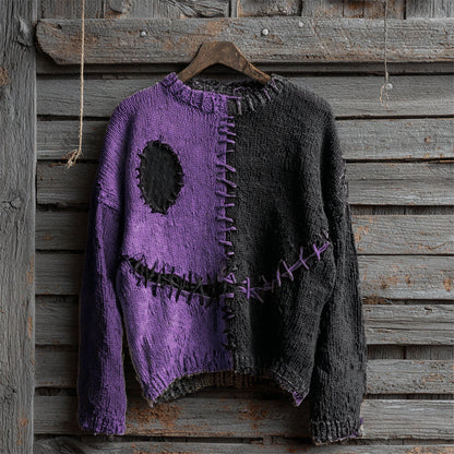 Halloween Spooky Face Contrast Stitched Cozy Knit Sweater elevenforest