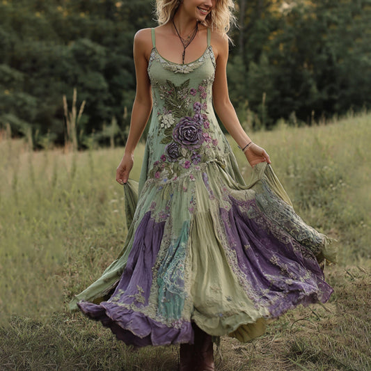 Vintage Classy Gradient Purple Lavender And Floral Embroidered Linen Suspender Long Dress elevenforest