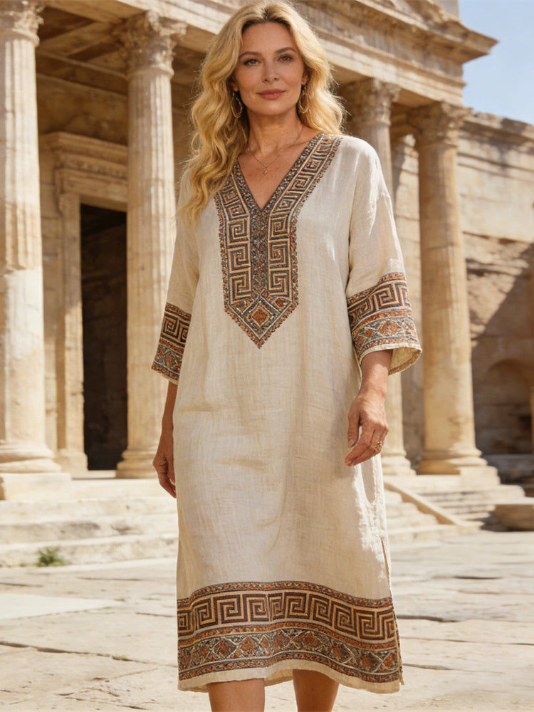 Comstylish Greek Pattern Vintage Women's Linen V-neck Maxi Dress