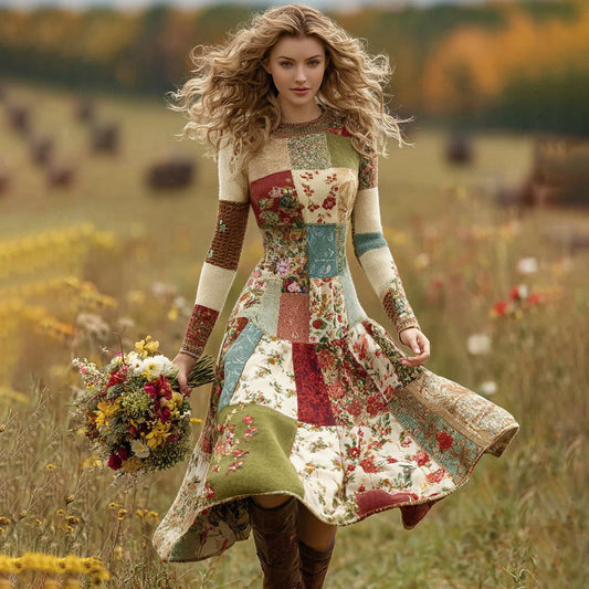 Comstylish Women's Patchwork Floral Art Cozy Knit Maxi Sweater Dress