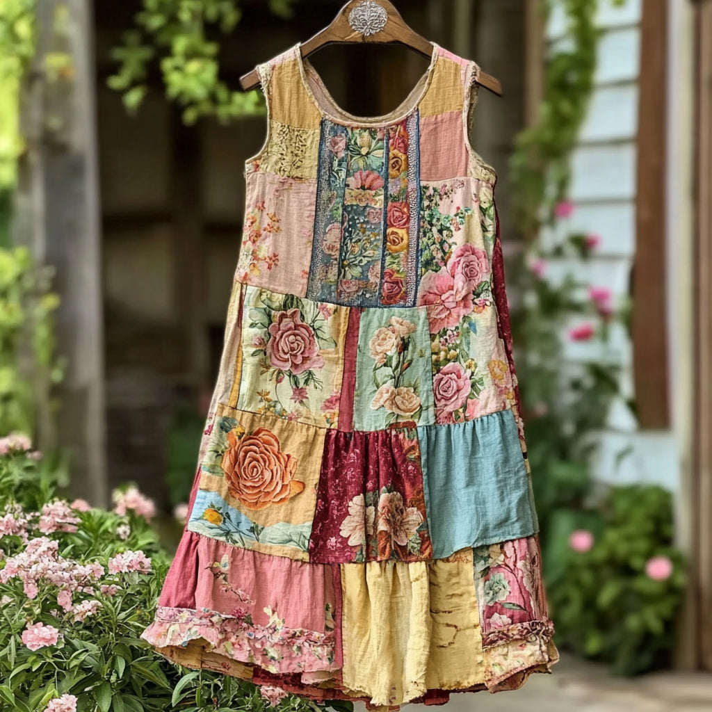 Women's Vintage Floral Pattern Patchwork Tank Midi Dress elevenforest
