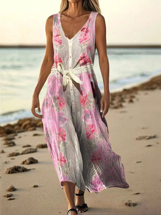 Women's Floral Art Print Pocket Cotton Dresses