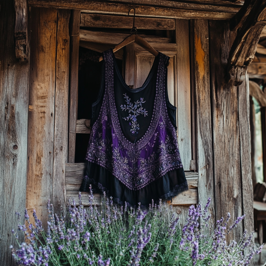 Vintage Boho Lavender Patchwork Art Print Women's Linen Tank Top elevenforest