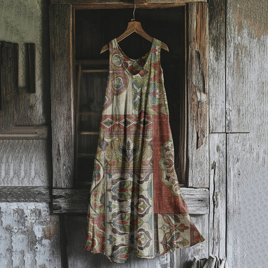 Vintage Tribal Patchwork Floral Art Linen Tank Dress elevenforest