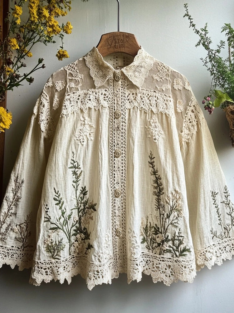 Comstylish Vintage Floral Embroidered Linen Blend Lace Blouse