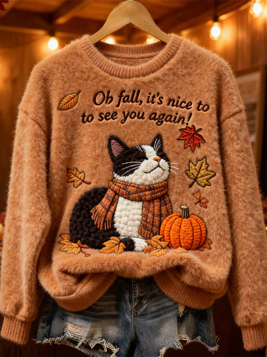 Comstylish Thanksgiving Pumpkin Cat Embroidered Women's Soft Fleece Sweater