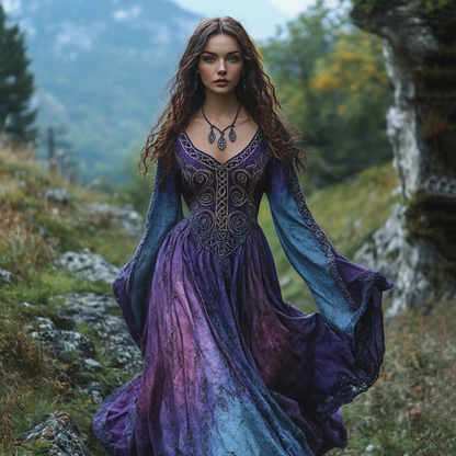 Vintage Viking Tribal Celtic Knot Art Linen V-neck Maxi Dress artswardrobe