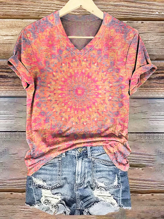 Women's Vintage Kaleidoscope Art Pattern Print Casual V-neck T-shirt