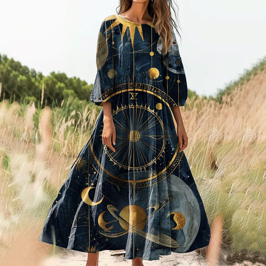 Women's Planet Universe Pattern Art Print Cotton Crew Neck Dress