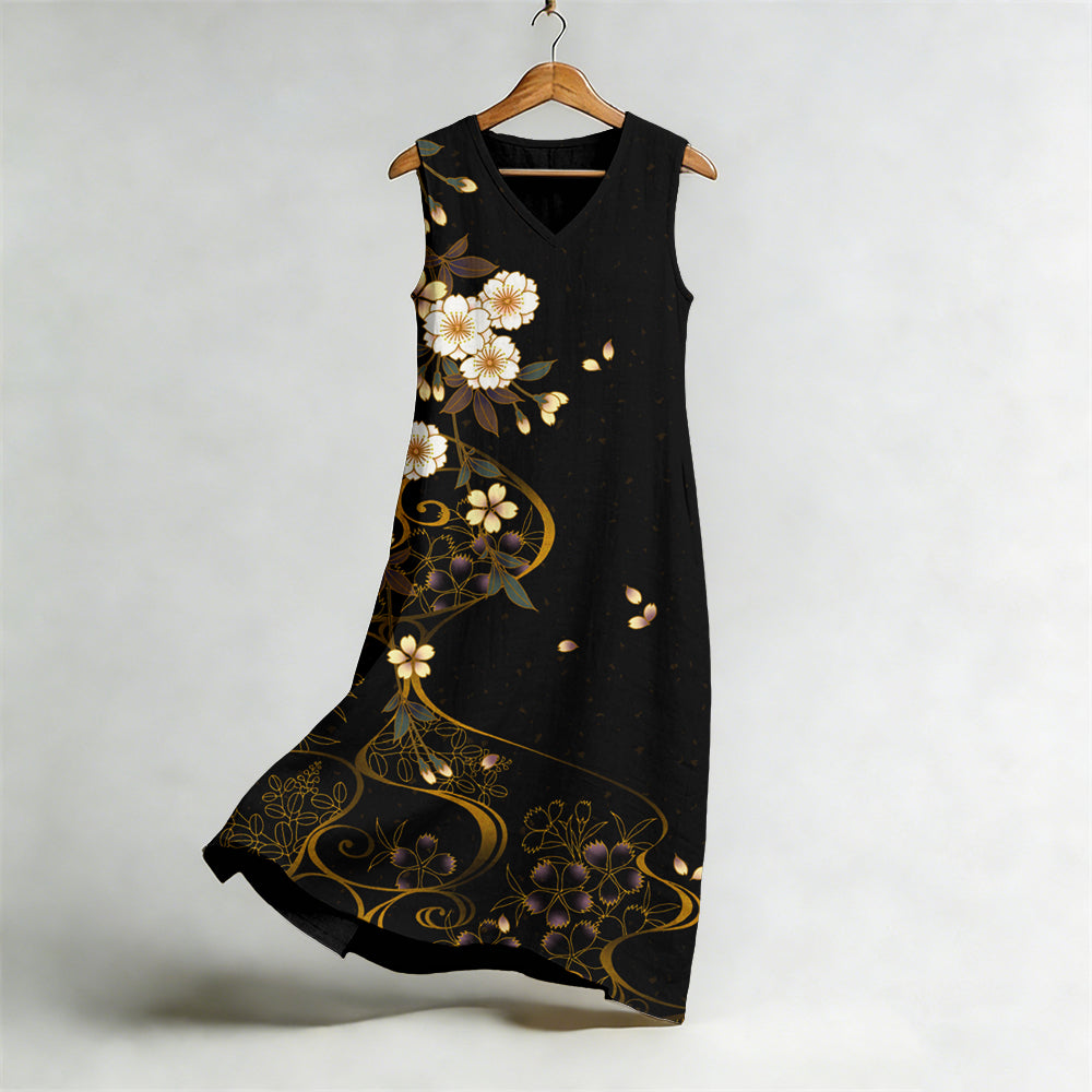 Comstylish Japanese Cherry Blossoms Art Flowy Linen Midi Dress