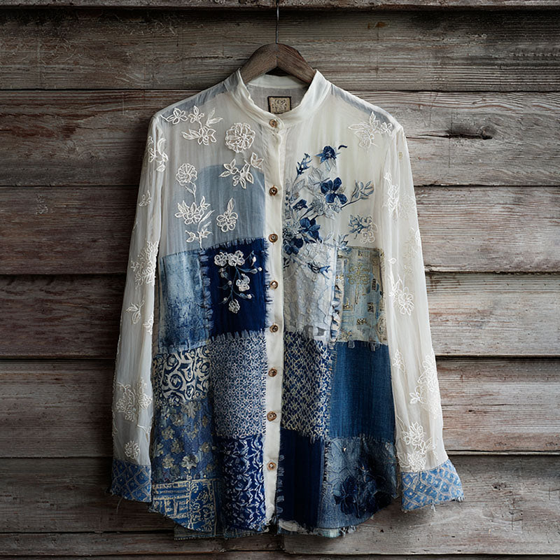 Vintage Floral Lace Patchwork Linen Women's Long Sleeve Shirt elevenforest
