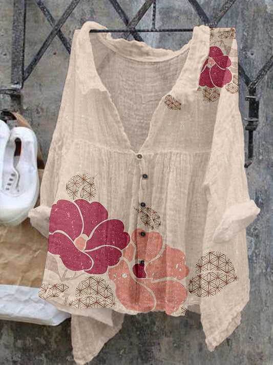 Japanese Flowers Art Pattern Button Up Cozy Shirt elevenforest