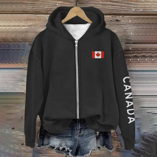 Women's Canadian Flag Print Casual Zip Hoodie elevenforest