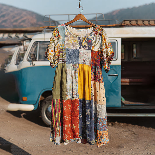 Countryside Style Collection  Classy Patchwork Floral Pattern Art Linen Midi Dress elevenforest