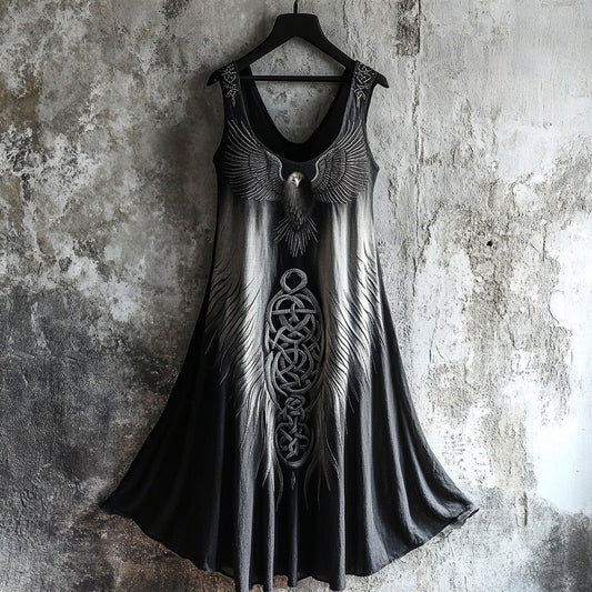 Vintage Raven Celtic Gradient 3d Graphics Linen Tank Dress elevenforest