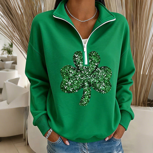Comstylish Women's Vintage St. Patrick's Day Shamrock Print Zip Up Sweatshirt