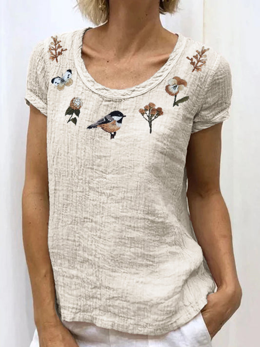 Cottage Forest Bird Floral Embroidered Linen Shirt elevenforest