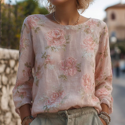 Elegant Boho Roses Pattern Round Neck Cozy Linen Tunic elevenforest
