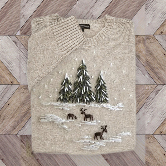 Comstylish Snowy Christmas Reindeer Forest Embroidered Cozy Sweater
