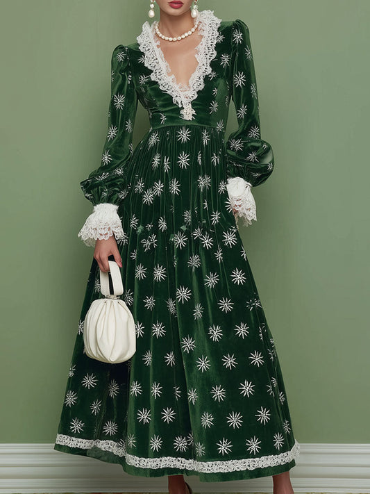 V-neck Lace Long-sleeved Snowflake Print Maxi Dress