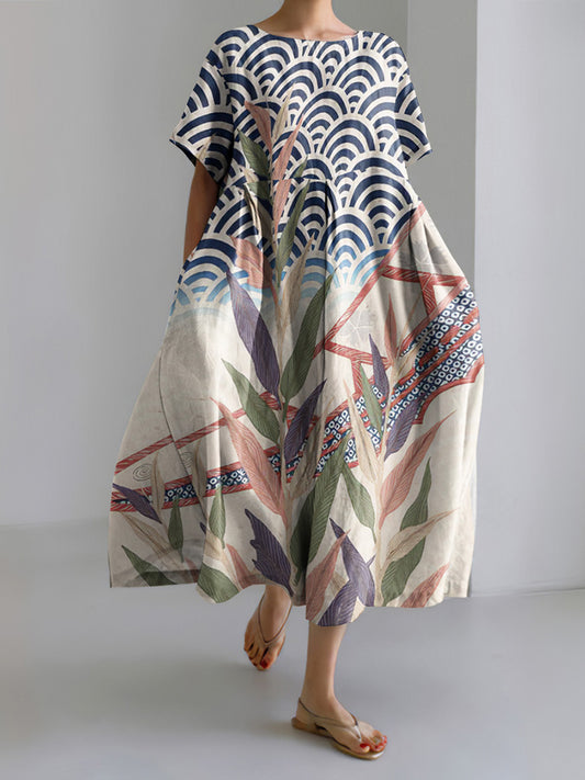 Japanese Art Print Round Neck Short Sleeve Midi Dress