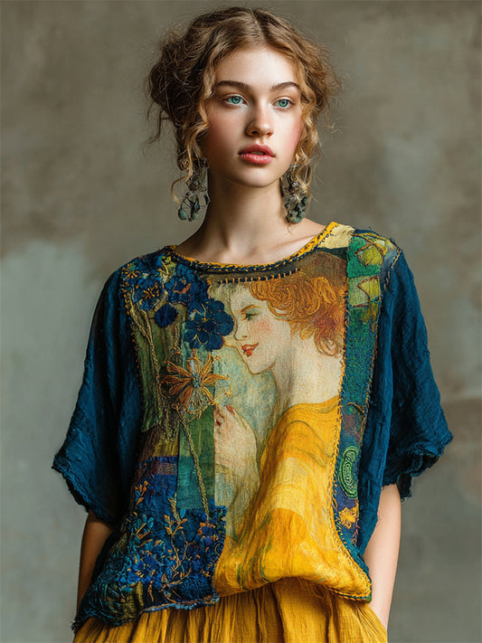 Klimt Painting Inspired Floral Embroidered Patchwork Linen Tunic elevenforest