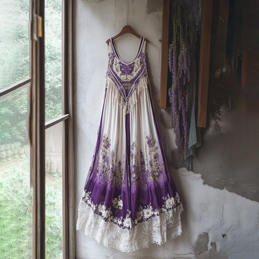 Boho Lavender Embroidered Lace Gradient Linen Dress elevenforest