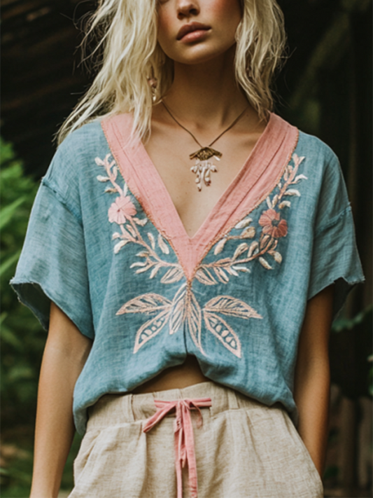 Women's Vintage Floral Blue And Pink Embroidery V Neck Casual Linen Top elevenforest
