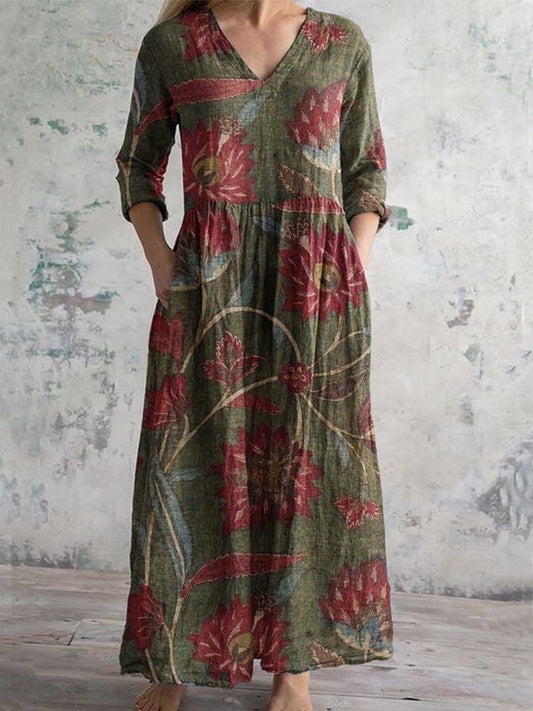 Women's Elegant Floral Pattern V-Neck Cotton Fabric Dress with Pockets