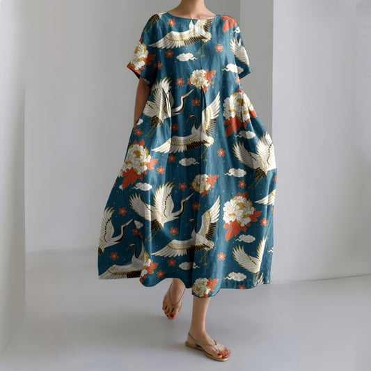 Japanese Art Floral Crane Printed Loose Midi Dress elevenforest