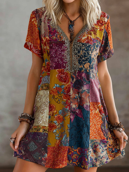 Bohemian Ethnic Style Flower Embroidery Sequin Vintage V-neck Short-sleeved Long Dress elevenforest