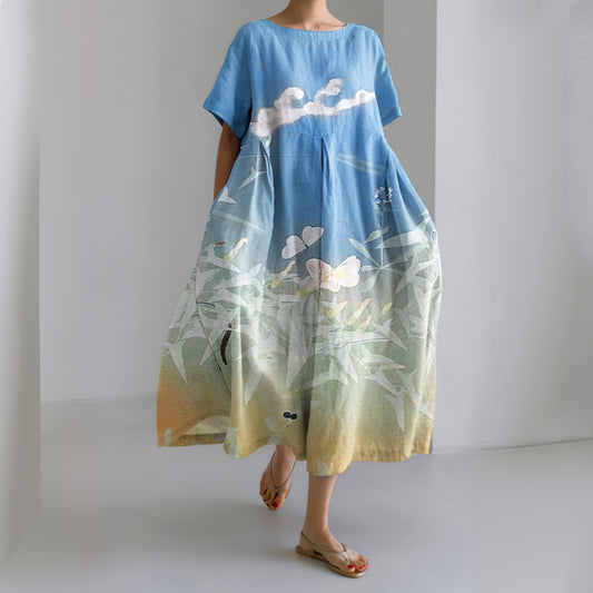 Japanese Art Flower Print Short Sleeve Loose Midi Dress elevenforest