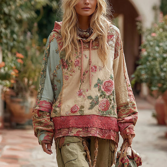 Women's Vintage Floral Patchwork Print Hoodie elevenforest