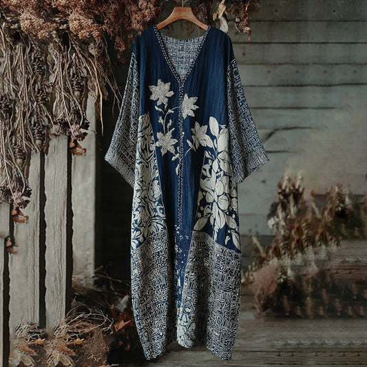 Women's Japanese Traditional Sashiko Art V-neck Kaftan elevenforest