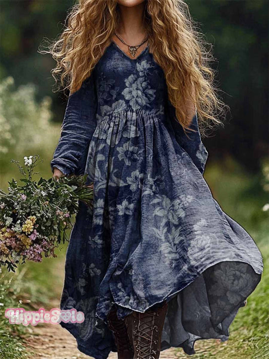 Women's Vintage Floral Print Casual V-Neck Pocket Cotton Dress
