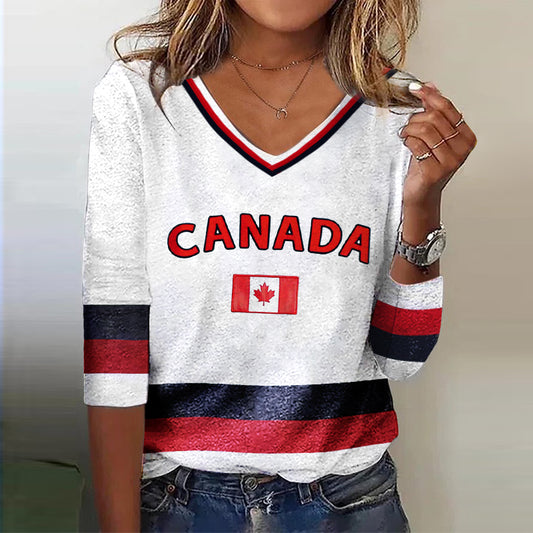 Comstylish Vintage Canadian Flag Patchwork Print V-neck T-shirt
