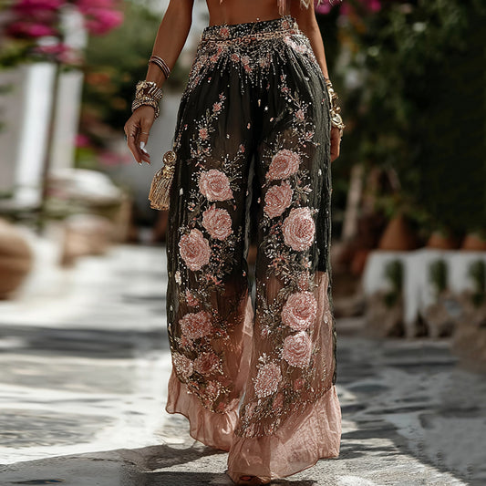 Women's Vintage Romantic Pink Rose Embroidery Art Comfy Linen Pants elevenforest