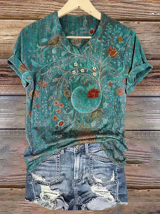 Women's Vintage Floral Art Print V-neck Casual T-Shirt-1