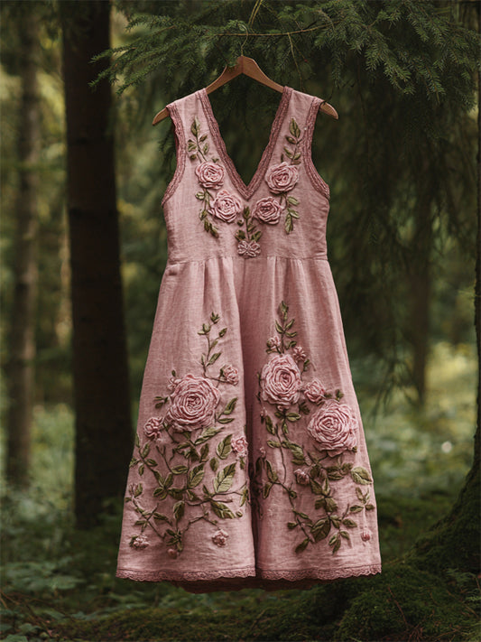 Vintage Pink Roses Embroidered Linen Tank Dress elevenforest