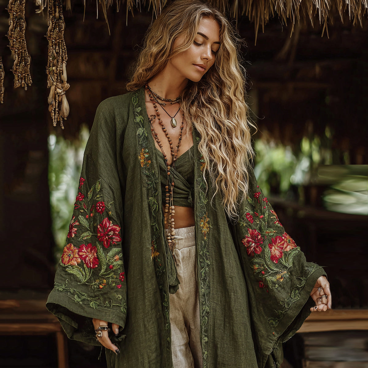 Vintage Bohemian Floral Art Embroidery Print Cotton And Linen Blend Midi-length Kimono Cardigan artswardrobe