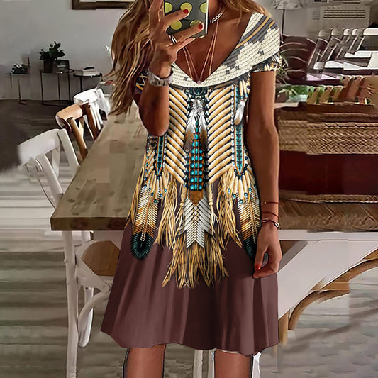 Retro Feather Casual Print Midi Dress elevenforest