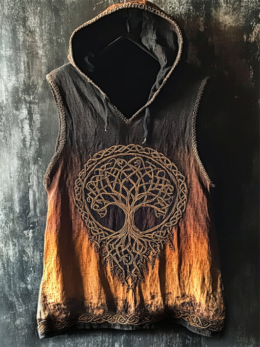 Men's Celtic Tree Of Life Gradient Dyed Hooded Linen Vest elevenforest